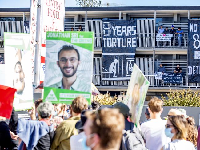 Refugee protest at Central Hotel and Apartments, Kangaroo Point, Sunday, July 19, 2020 - Picture: Richard Walker