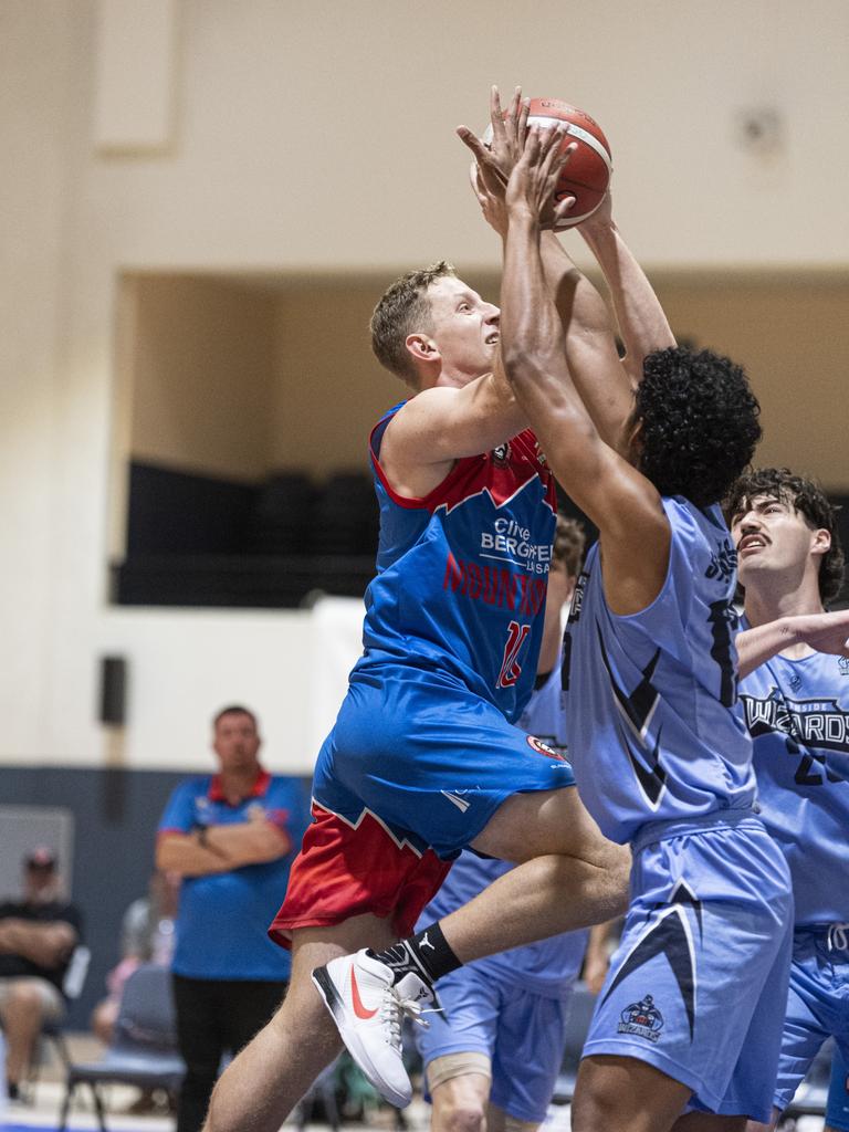 Adam Gehrig for Toowoomba Mountaineers against Northside Wizards in QSL Division 1 Men round 2 basketball at Clive Berghofer Arena, St Mary's College, Sunday, April 21, 2024. Picture: Kevin Farmer