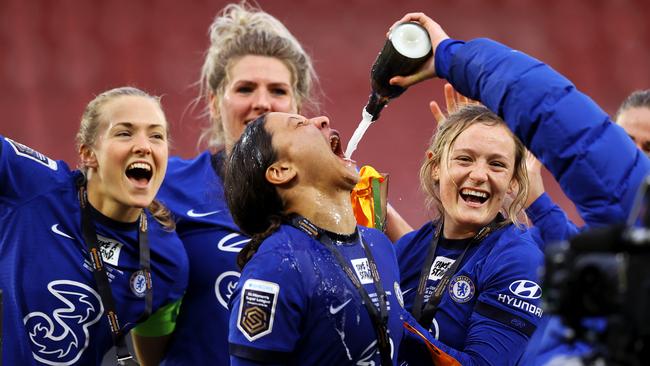 Sam Kerr is the centre of attention as Chelsea celebrate. Picture: Getty Images.