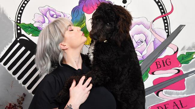 Big Deal Hair's Katie Martin and dog Bridget. Picture: Patrick Woods