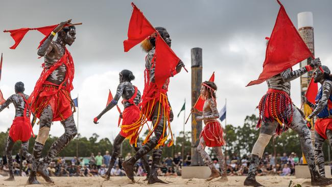 Red Flag dancers perform on the Bungul grounds during Garma Festival this week. The festival has taken on extra significance this year, thanks to the Voice. Picture: Getty Images