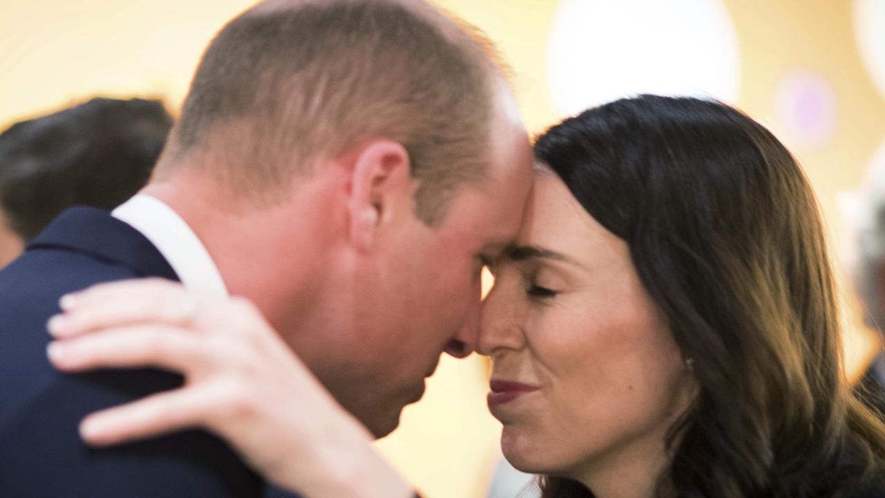 Britain's Prince William and New Zealand's Prime Minister Jacinda Ardern attend an Anzac Da service at Auckland War Memorial Museum in Auckland. Picture: AP