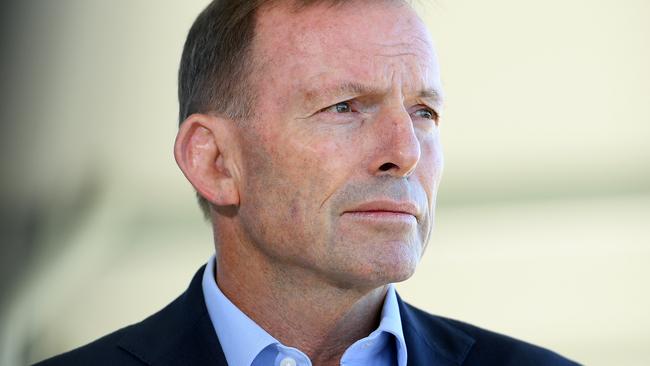 Former prime minister Tony Abbott speaks to media during the NSW Liberal Party Futures convention, at Rosehill Racecourse, in Sydney, today. Picture: AAP