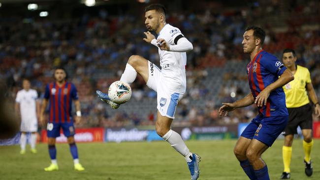 Sydney FC striker Kosta Barbarouses, who scored the winner on the night, in action against Newcastle Jets at McDonald Jones Stadium. Picture: AAP