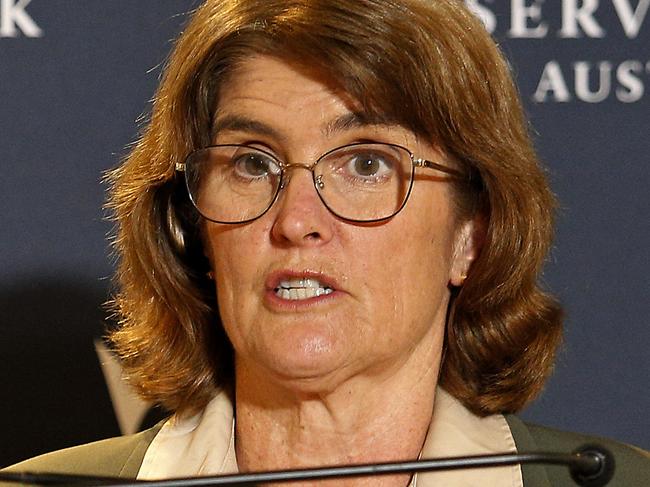 SYDNEY, AUSTRALIA - NewsWire Photos SEPTEMBER 24 , 2024:   Reserve Bank Governor Michele Bullock holding a press conference discussing the Reserve Bank Board's monetary policy decision. Rates will remain the same for now until inflation drops further. Picture: NewsWire / John Appleyard