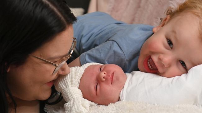 Cutest winter baby nominee Izabella Wakefield with mum Natalie and brother Chase. Picture: Keryn Stevens