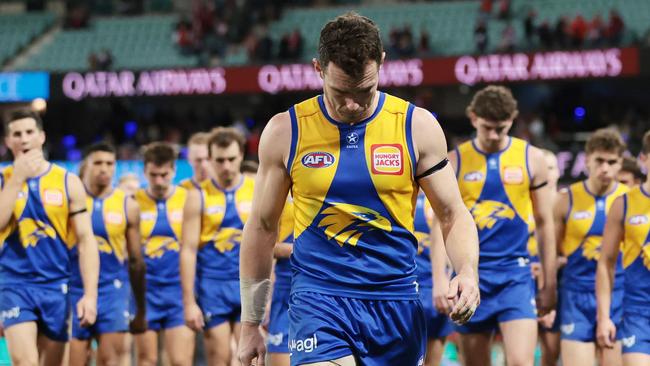 Eagles captain Luke Shuey walks from the field after defeat during the round 15 AFL match between Sydney Swans and West Coast Eagles. (Photo by Mark Metcalfe/AFL Photos/via Getty Images )