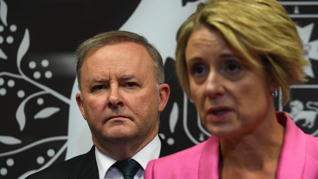 Federal Opposition Leader Anthony Albanese watches Deputy Labor Senate Leader Kristina Keneally during a press conference.