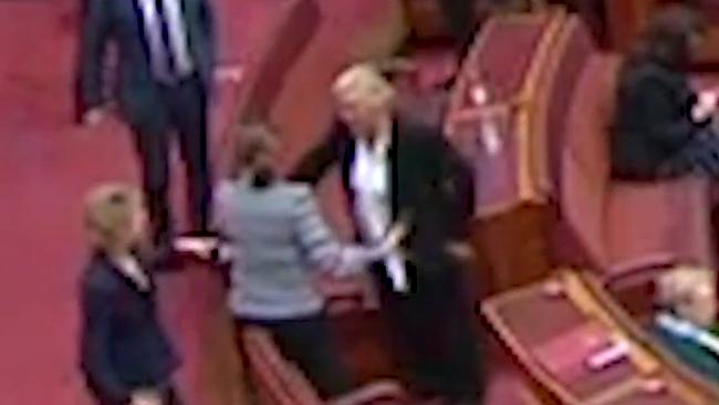 Nationals whip Perin Davey asks Sam McMahon to leave the chamber. Credit: The Age (video screenshot)