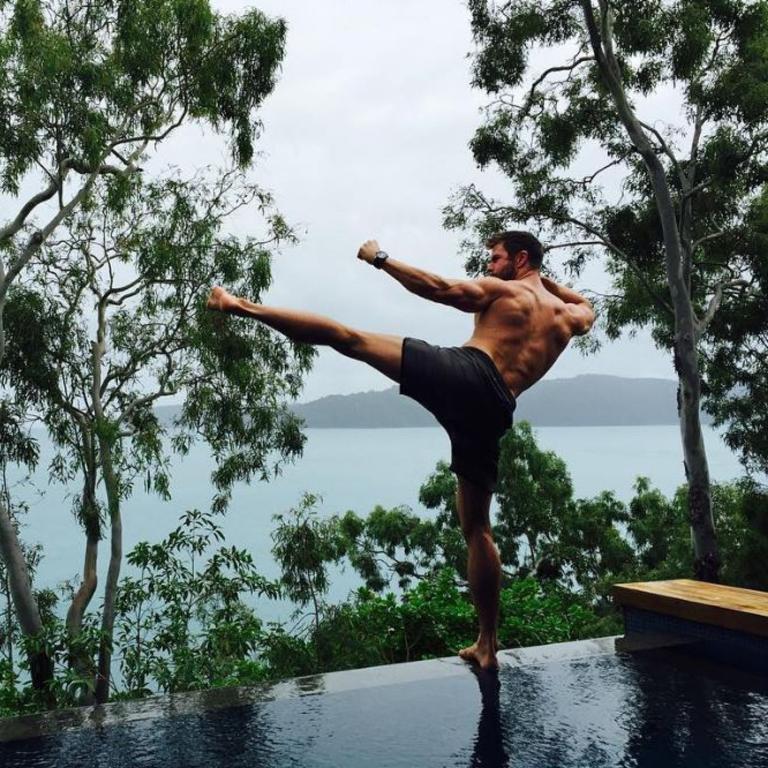 Chris Hemsworth shares his hottest snap yet, “Channeling my Kung fu panda at Qualia Resort on Hamilton island, another incredible place to visit in Australia.” Picture: Instagram