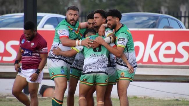 The Northern United Dirawongs celebrate a try against the Casino Cougars during round four of the 2023 Northern Rivers Regional Rugby League (NRRRL) competition. Photo: Cee Bee's Photos.