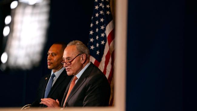 Senate Majority Leader Chuck Schumer (D., N.Y.) and House Minority Leader Hakeem Jeffries (D., N.Y.), endorsed Harris for president Tuesday. Picture: Kent Nishimura/Getty Images/AFP