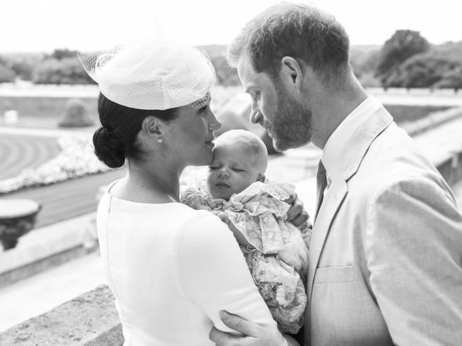 Meghan and Harry with Archie at his christening last weekend. Picture: SussexRoyal via Getty Images