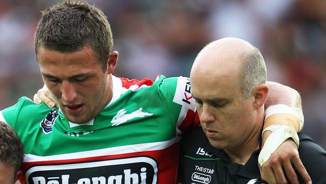 Sam Burgess and Rabbitohs club doctor Andrew McDonald. Picture: Phil Hillyard