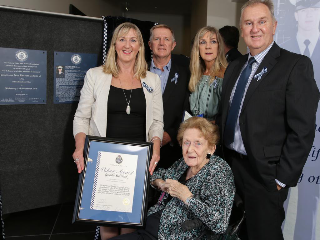 Constable Clinch’s siblings Karen, Lindsay, Debrah and Ian with his mother Elvie at Northern Hospital. Picture: George Salpigtidis