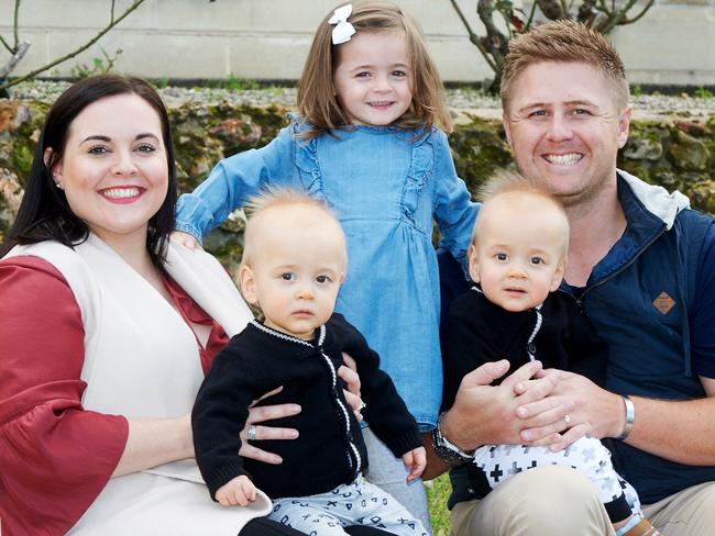 parents Craig and Amanda with daughter Violet and twin boys Nash and Preston outside their Mount Gambier home. Pic Frank Monger