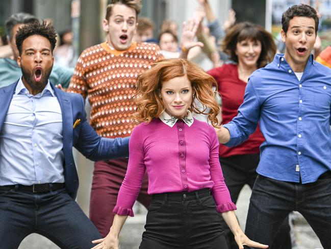 From left: Zoe’s PLaylist stars Skylar Astin, Jane Levy and John Clarence Stewart.