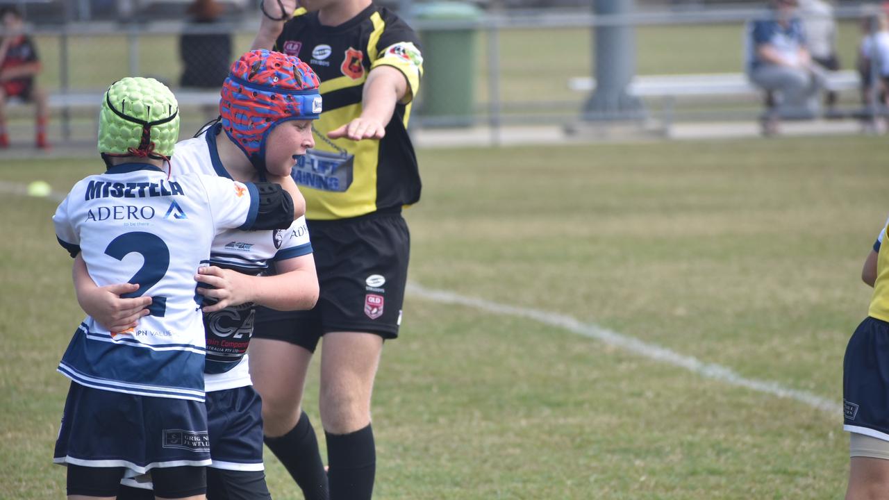 Dainyn Misztela and Archie Stevens celebrate for the Brothers White against the Magpies in the RLMD U11 Mixed division at RLMD Fields, August 7, 2021. Picture: Matthew Forrest