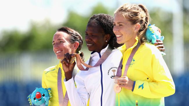 Lisa Weightman (left) after winning 2018 Commonwealth Games silver. Photo by Phil Walter/Getty Images