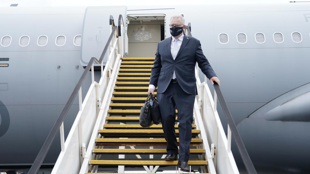 Prime Minister Scott Morrison arrives back in Sydney after attending the UN Climate Change Summit GOP26 in Glasgow. Picture: Adam Taylor/PMO