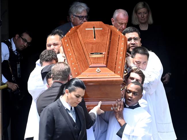 SYDNEY, AUSTRALIA - NewsWire Photos, FEB 2, 2023.  Cardinal George PellÃs coffin leaves  St Mary's Cathedral in Sydney ahead of a private burial service. Pell, who was Australia's most senior Catholic, died in Rome on 10 January aged 81.Picture: NCA NewsWire / Jeremy Piper