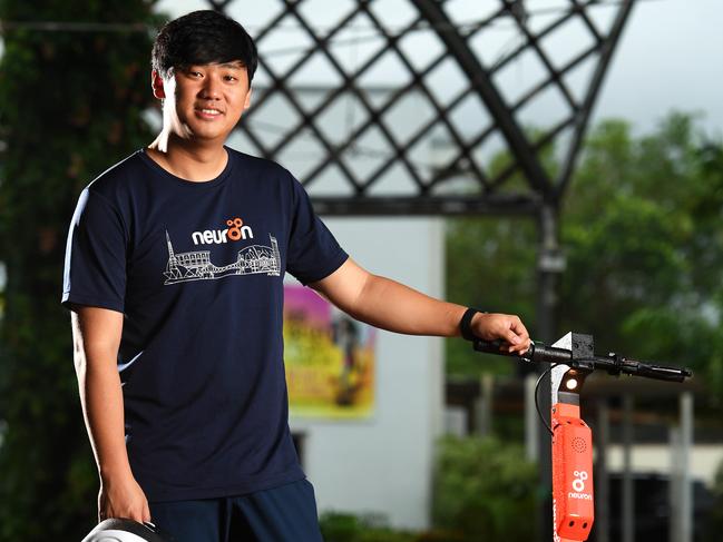 Neuron Mobility chief executive Zachary Wang with e-scooters being introduced on to Darwin streets.Picture: Che Chorley.