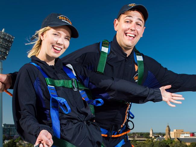 12/11/15 - Minnie McCreanor, 25, of Payneham South and Christo Karatsinidis, 25, of West Croydon take a sneak peak at the Adelaide Oval Roof Climb tour which will open to the public soon. Photo Tom Huntley