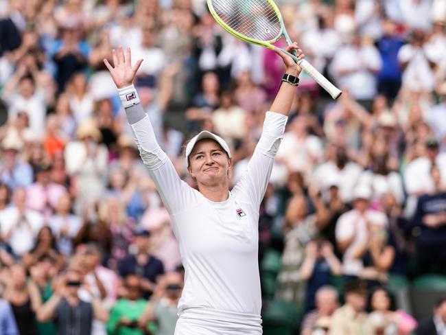 LONDON, ENGLAND - JULY 11: Barbora Krejcikova of Czech Republic celebrates the victory in the Women's Singles semi finals match against Elena Rybakina of Kazakhstan during day eleven of The Championships Wimbledon 2024 at All England Lawn Tennis and Croquet Club on July 11, 2024 in London, England. (Photo by Shi Tang/Getty Images)