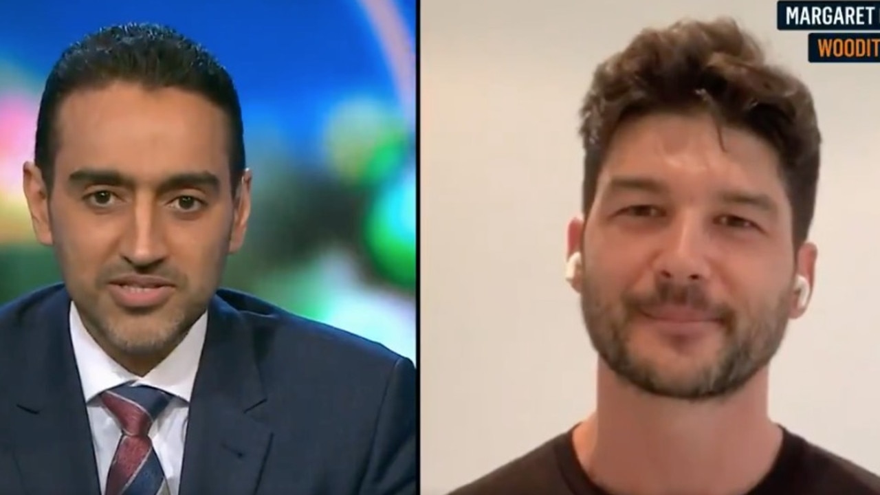 Waleed Aly chats to ‘lunatic’ Emmett. Picture: Channel 10