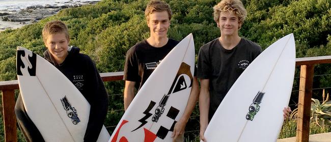 Luca Stevenson 15, Mitchell Ellis 19, and Nate Searle, 15, at JBay after rescuing a local in the surf. 