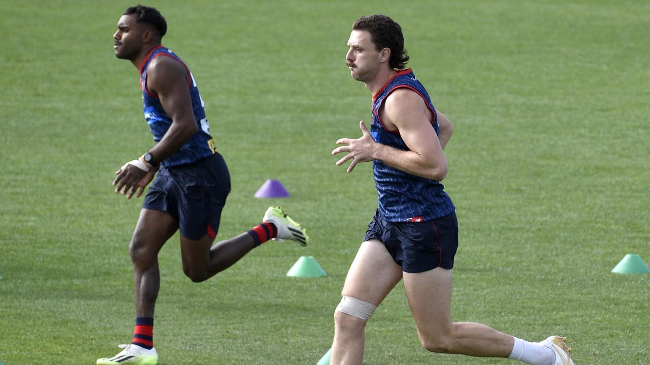 Jake Lever trained with his right knee strapped as Goodwin said he was ‘really confident’ the star defender would face Port Adelaide on Saturday. Picture: Andrew Henshaw