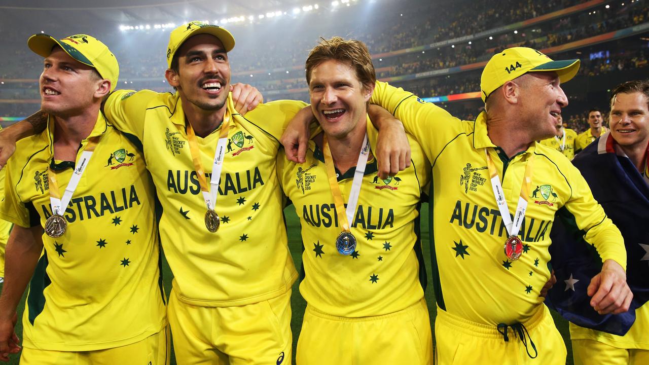 Mitchell Johnson (2L) and Shane Watson (2R) celebrate winning the 2015 ICC Cricket World Cup. Picture: Phil Hillyard