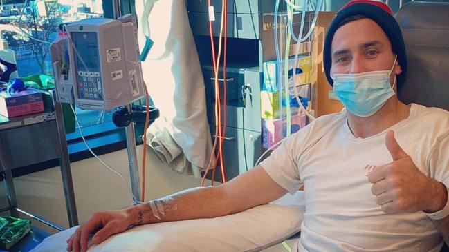 Robson receiving chemo treatment for the first time, following his diagnosis. Picture: Instagram / @robie92_onenut