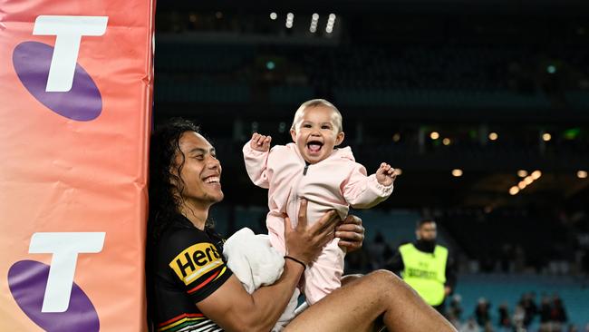 Jarome Luai with baby daughter Akira. Picture: Grant Trouville