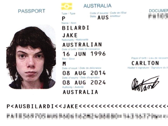 Jake Bilardi’s passport. Picture: Supplied