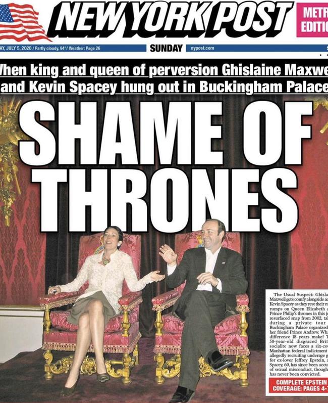 An infamous photo of Ghislaine Maxwell and Kevin Spacey together in Buckingham Palace. Picture: NY Post