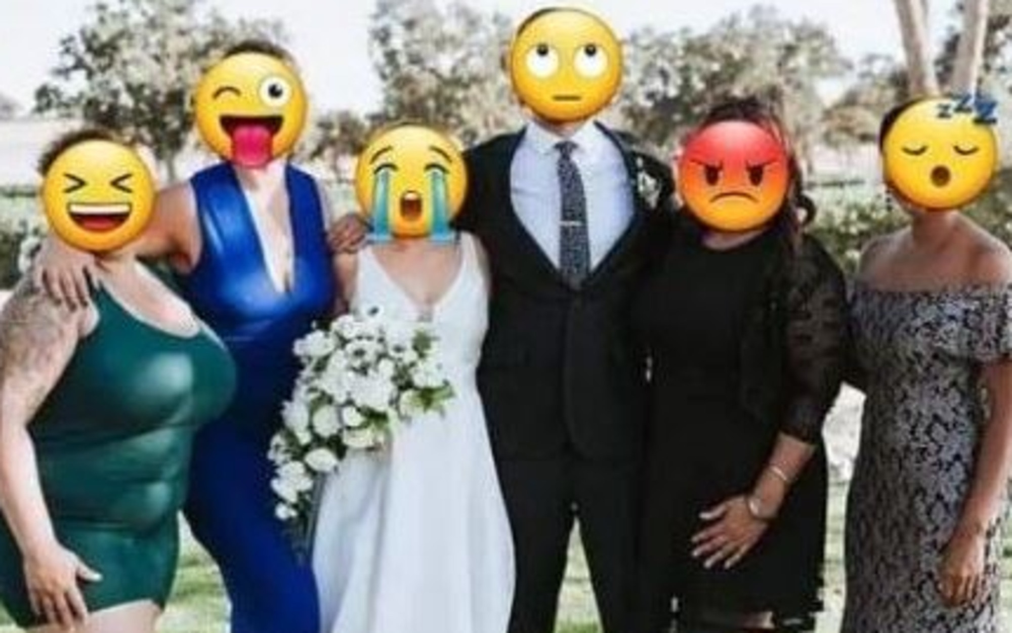 Another wedding guest (left) was shamed by the bride for turning up in a skin-tight green bodycon. Picture: Facebook