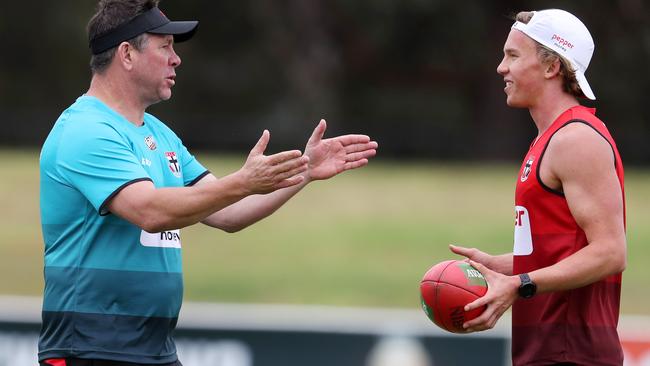 Young Saint Jack Bytel chats to coach Brett Ratten at pre-season training. Picture: Michael Klein.