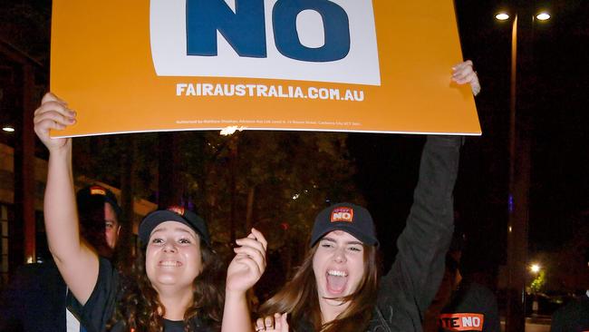 BRISBANE, AUSTRALIA - NewsWIRE Photos SEPTEMBER 27, 2023: No voters in front of protestersâVOTE NOâ Campaign Event with Senator Jacinta Nampijinpa Price and Nyunggai Warren Mundine in Brisbane.Picture: NCA NewsWIRE / John Gass