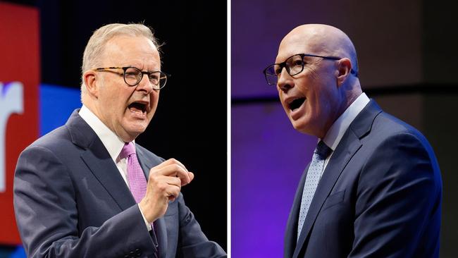 Prime Minister Anthony Albanese at the Labor campaign launch in Perth and Opposition Leader Peter Dutton at the Liberal Party campaign launch in Sydney. Pictures: NewsWire