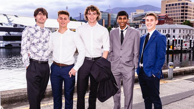 Hobart College leavers dinner 2022 Xavier Welling, Nick Muir, Max Tracey, Nirmit Naik, and Lachlan Rogers Picture: Linda Higginson
