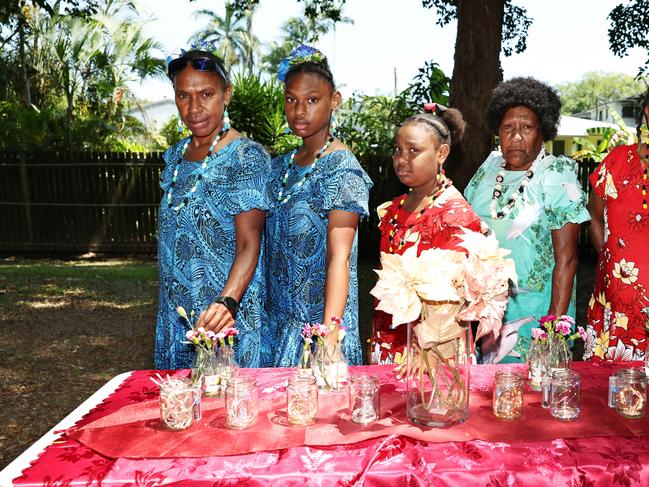 Kirgir Omaskir has held a commemorative service for the eight children murdered by Reina Thaiday at Murray Street, Manoora, 10 years ago. Organiser Sonya Panuel with her Kawie Panuel, Angela Panuel, Thelma Epseg and Helen Ghee from urray Island, offered flowers, sang songs and offered prayers to the children at the service in Murray Street Park.  Picture: Brendan Radke