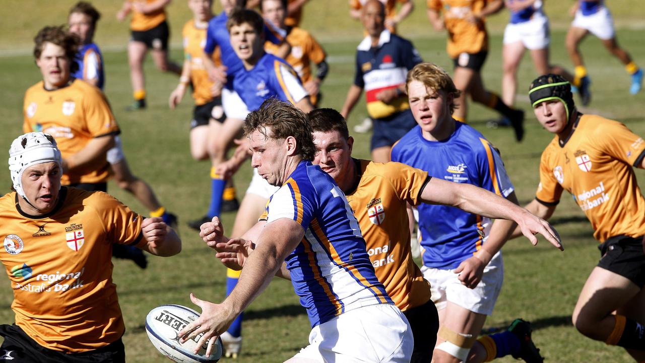 AICES's Levi Dangerfield with the ball in the NSW Country v AICES match at U18 NSW Boys Rugby Schools Selection trials. Picture: John Appleyard