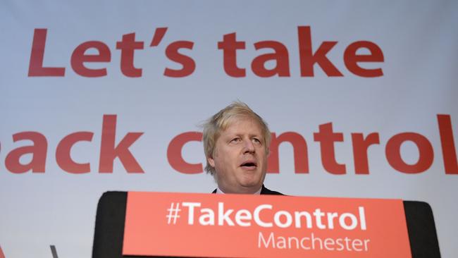 Then London mayor and Conservative MP Boris Johnson at a rally for the ‘Vote Leave’ campaign in Manchester, northern England, in April 2016. Picture: AFP