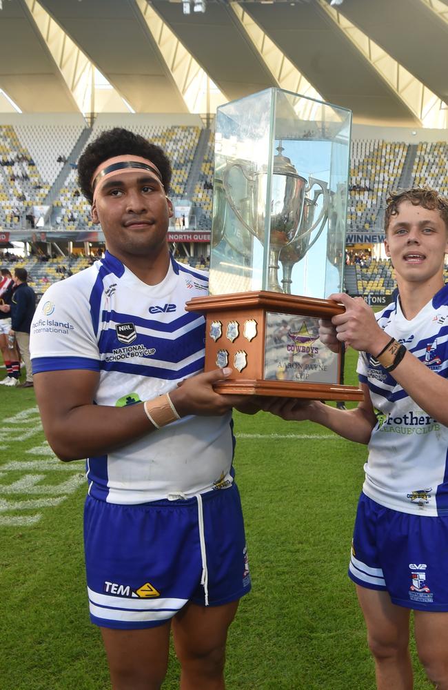 Ignatius Park players Jamal Shibasaki and Matthew Hunter with the Arron Payne Cup after last year’s clash. Picture: Evan Morgan