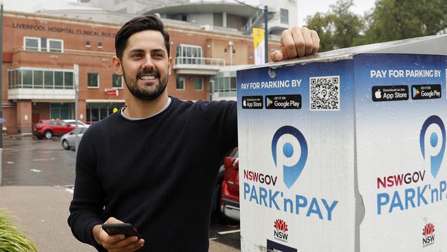 Park’nPay user Andy Lee used the NSW Government app to pay for parking while his wife was giving birth in Liverpool hospital. Picture: Toby Zerna