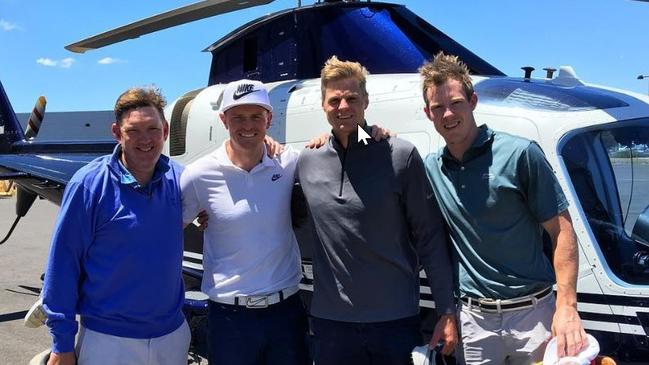 David Evans with football stars Brendon Goddard and Nick and Jack Riewoldt at his private golf course Cathedral Lodge. Picture: Instagram