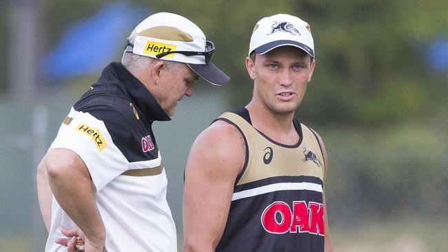 Penrith coach Anthony Griffin chats with skipper Matt Moylan.