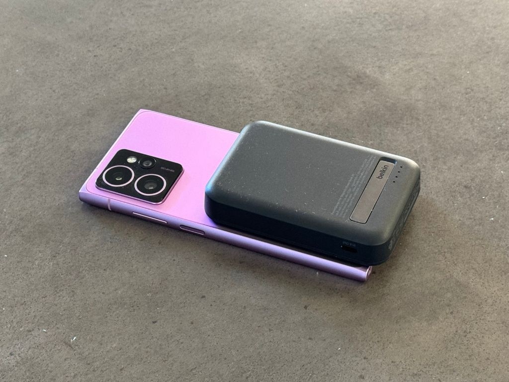 The Belkin Qi2 charger attached to the back of the Skyline doesn’t fit the device, and doesn’t feel overly secure. Picture: Supplied/Nick Broughall