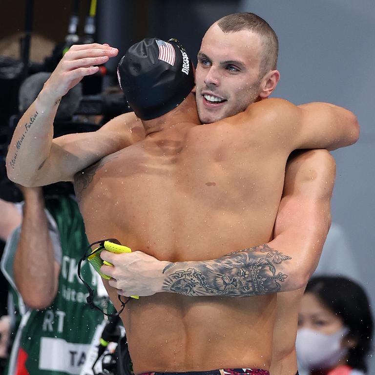 Kyle Chalmers congratulates Caeleb Dressel after the 100m freestyle in Tokyo. (Photo by Al Bello/Getty Images)